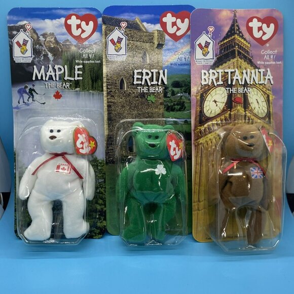 Lot of 3 TY Beanie Babies McDonalds Maple The Bear Erin‎ The Bear Britannia Bear - Picture 1 of 8